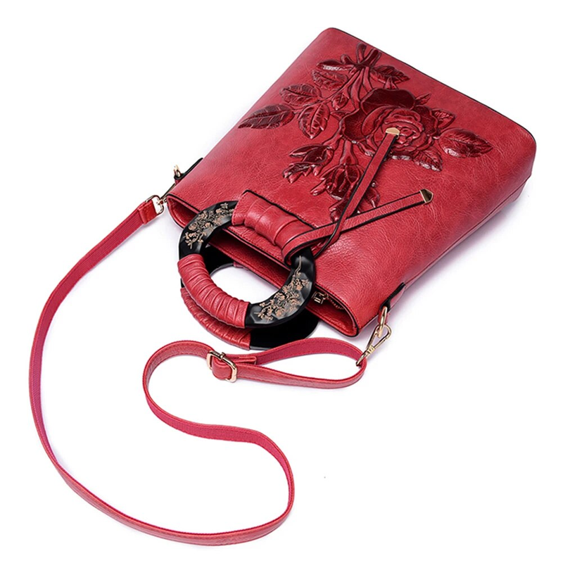 Borsa a mano con manico ad anello con stampa floreale cinese Borsa a tracolla da donna in ecopelle di grande capacità_voghion.com