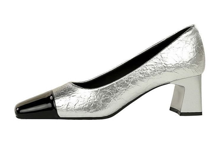 Patchwork Pendlerschuhe mit hohem Absatz, mittlerem Absatz, klobiger quadratischer Zehenpartie und schlichten Schuhen_voghion.com