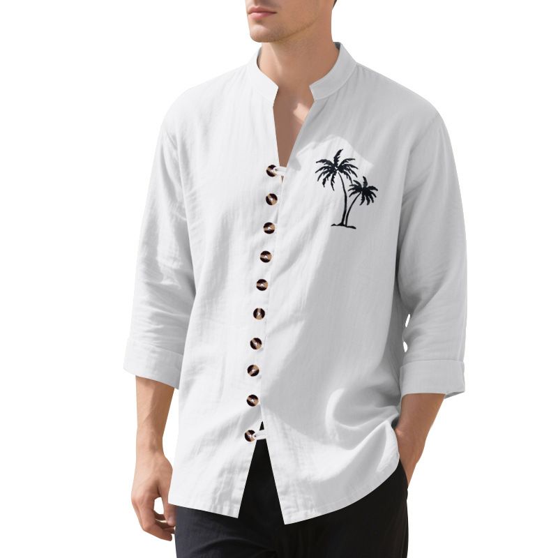 Camicia da uomo casual con colletto alto e maniche lunghe con bottoni, stampata con albero di cocco autunnale_voghion.com
