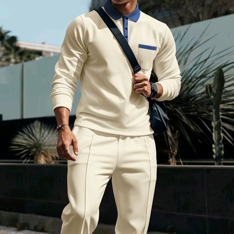 Men's Casual Waffle Knit Long Sleeve Polo & Pants Set - Breathable Comfort, Versatile Styling For Outdoor & Daily Wear_voghion.com