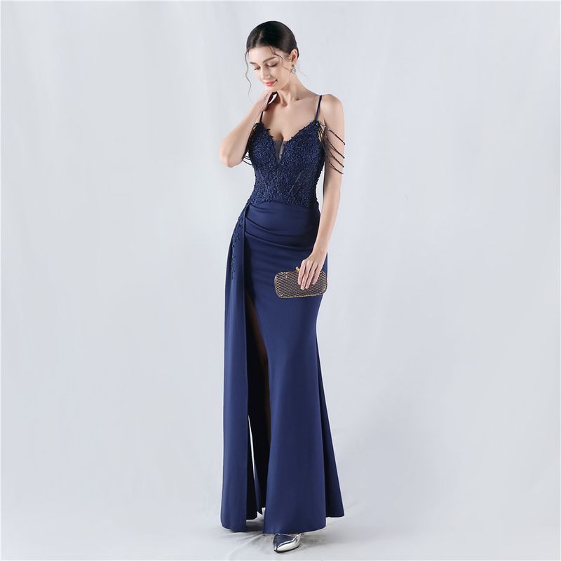 Women's Clothing Heavy Hot Diamond Custom Flower Waist Fishbone Beaded Satin Evening Dress Annual Meeting Wedding_voghion.com