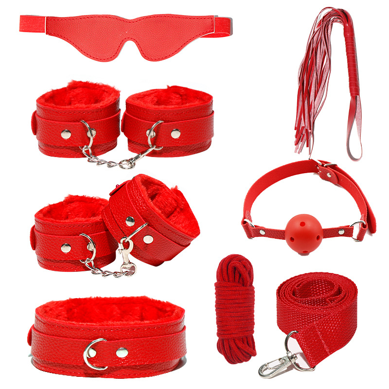 Ensemble de Bondage SM en cuir PU, 7 pièces/ensemble, menottes sexuelles, menottes, fouet, corde, bandeau pour les yeux, jeux pour adultes, jouets érotiques pour Couples_voghion.com