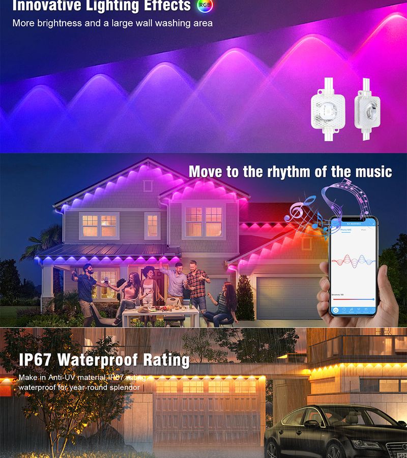 Bluetooth-LED-Lichterketten – wasserdichte Weihnachtsbeleuchtung für den Außenbereich für Dach und Dachtraufe, 16 Millionen Farben mit Musiksynchronisation und APP-Steuerung_voghion.com