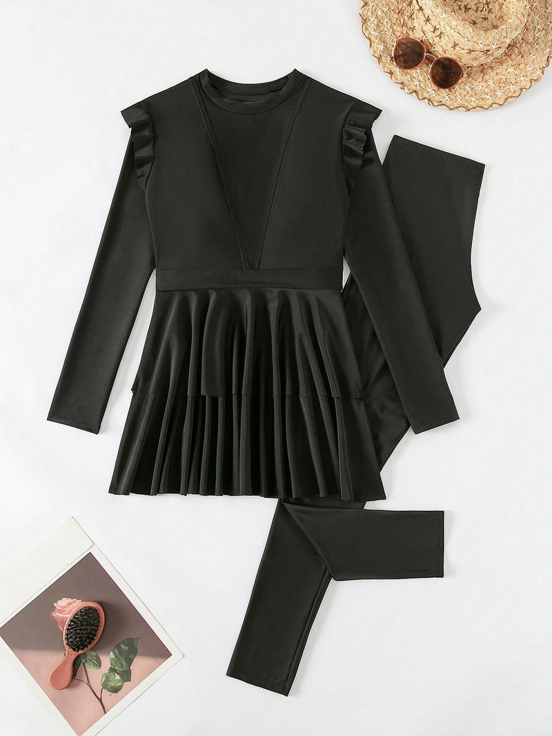 Women's swimsuit split two-piece set ruffled long-sleeved trousers conservative flesh-covering swimsuit_voghion.com