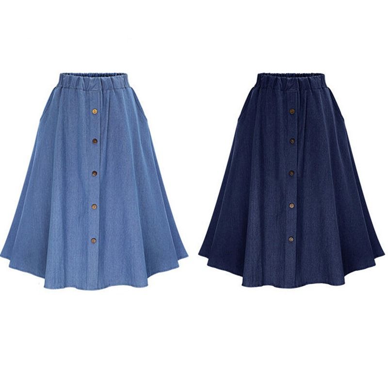Gonna midi plissettata con bottoni alti in denim da donna, con elastico in vita, lunghezza al ginocchio, abito estivo, vendita calda_voghion.com