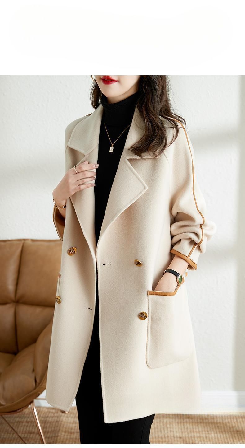 Trenchcoat aus Wollmischung für Damen mit Reverskragen und zweireihigem Verschluss – elegante Oversize-Passform für Büro und Freizeit (Beige, Schwarz, Camel)_voghion.com