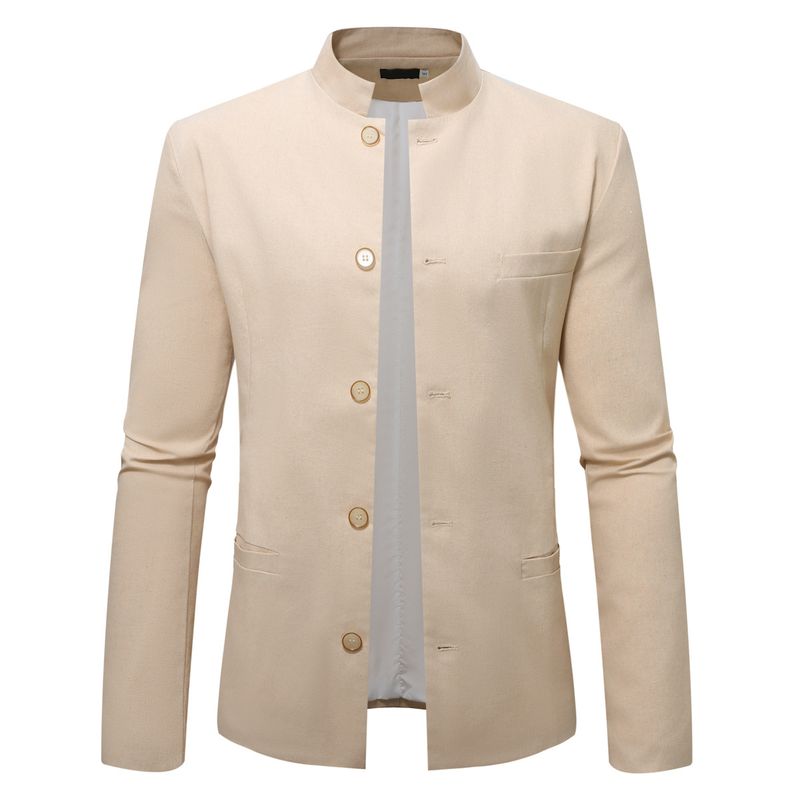 Blazer da uomo slim fit con collo alla coreana - Giacca casual in misto lino traspirante per tutti i giorni (blu navy, azzurro, kaki, verde)_voghion.com