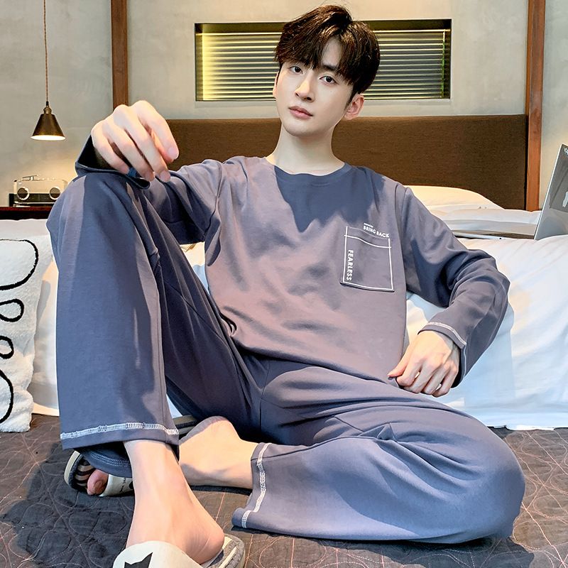 Men's sleepwear pure cotton long sleeved youth black checkered spring and styles can be worn outside plus size home suit_voghion.com