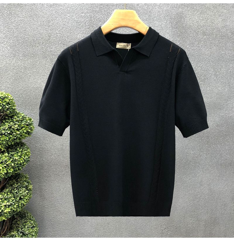 Herrenbekleidung Leichter Luxus-Revers-Kurzarmpullover Sommer Dünner Halbarm-Strickpullover Neues Herren-Eisseidenoberteil_voghion.com