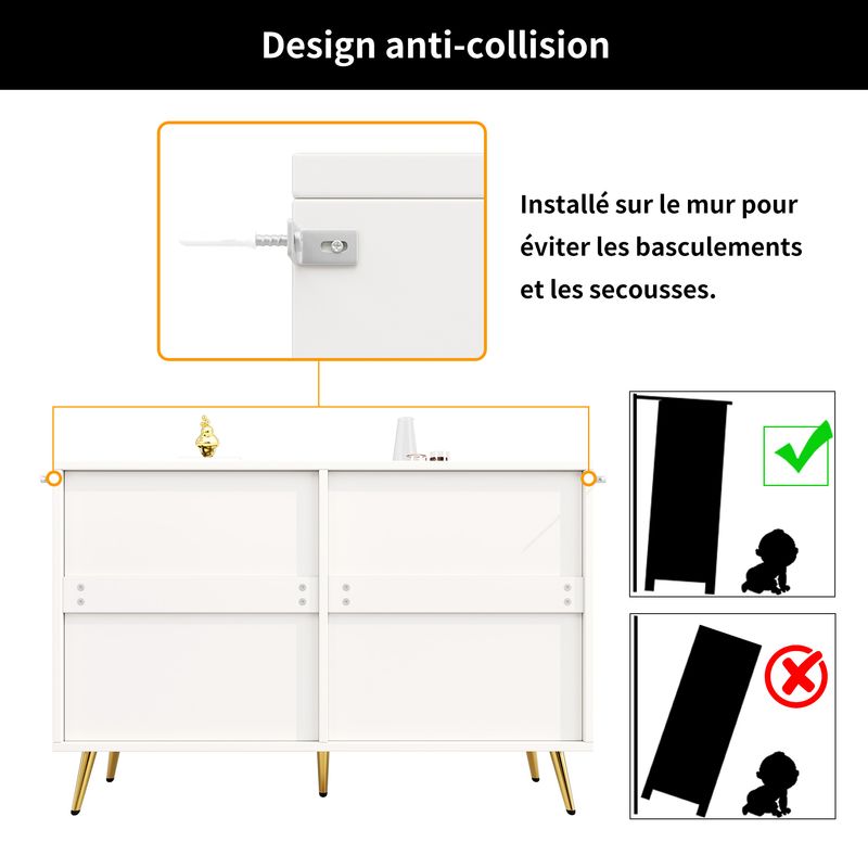 Kommode Weiß Mit 6 Schubladen, 3D-Schranktürdesign, Goldene Beine_voghion.com