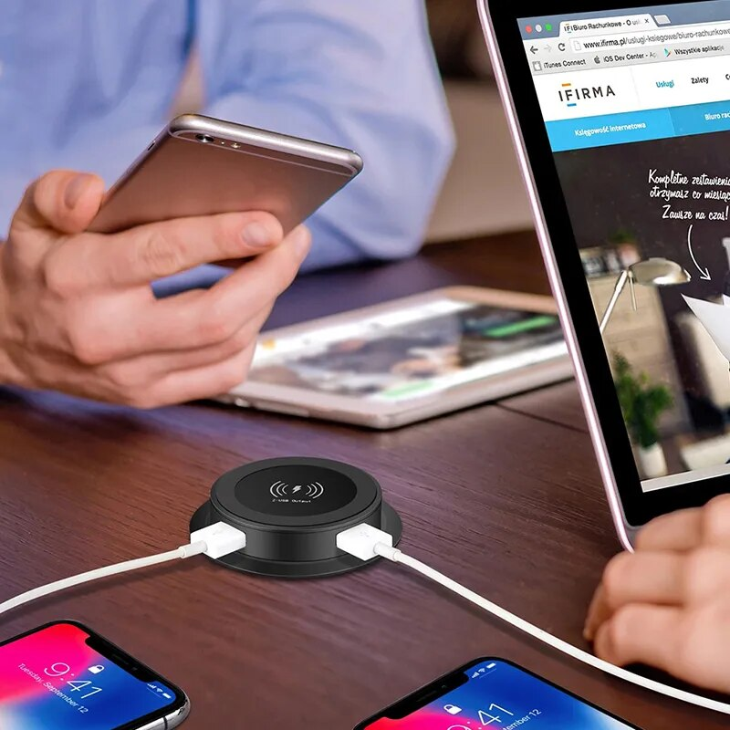 30W Universal QI Pop-up Desktop Embedded Fast Wireless Charger With USB Port For Iphone Xiaomi_voghion.com