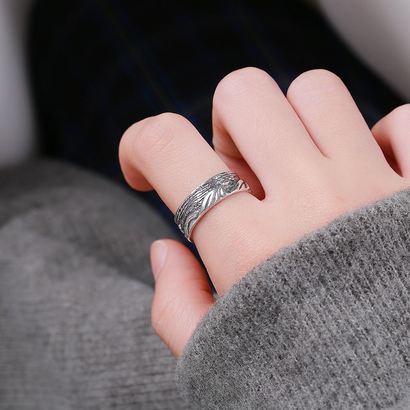 Anello aperto regolabile alla moda in argento puro con motivo a onde oceaniche, stile freddo, per uomo_voghion.com