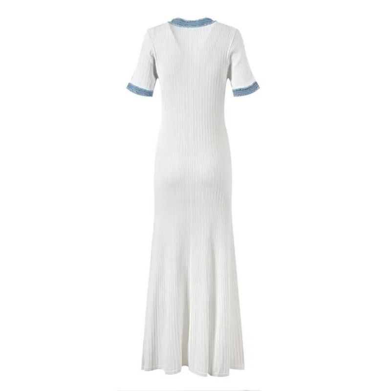 Vêtements pour femmes été denim épissage contraste couleur robe tricotée taille mince jupe longue pour femmes_voghion.com