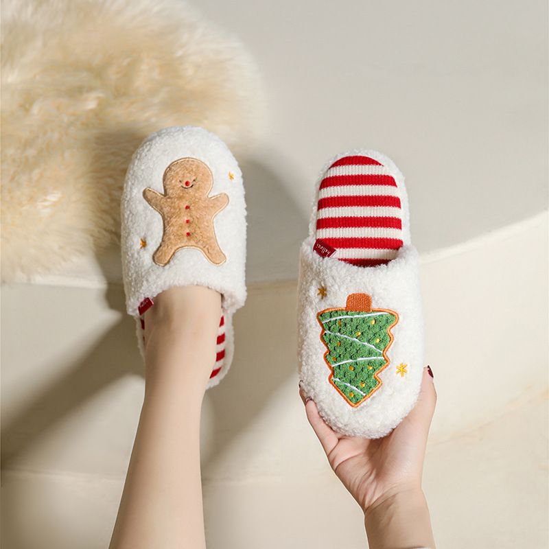 Halluci Weihnachtsserie Lebkuchenmann Hausschuhe aus Baumwolle für den Innenbereich, rutschfeste Gummisohle, für Damen, Cartoon-Design, für den Heimgebrauch_voghion.com