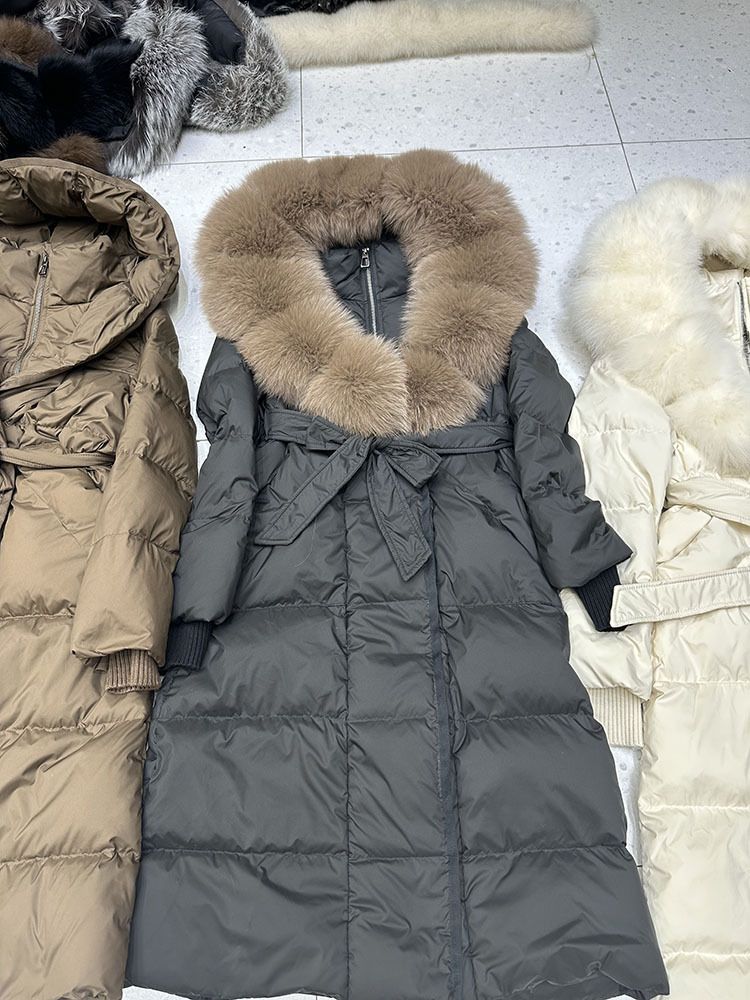 Fox Fur Large Collar Down Jacket With Hood And Long Style For Winter, Slim Waist And Knee Length Thickened Women's Coat_voghion.com