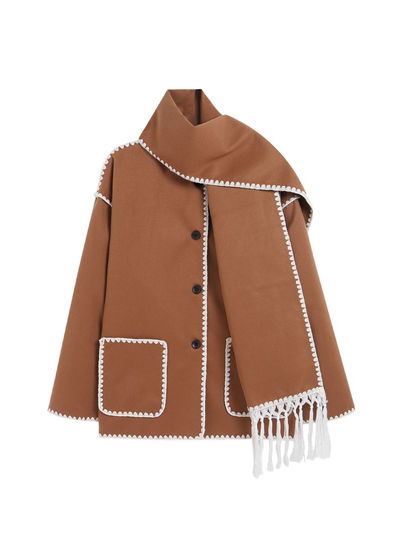 Women’s Fashion Wool-Like Coat – Oversized Tweed Jacket With Scarf & Fringe, Elegant U-Neck, Long Sleeve, Boho Chic_voghion.com