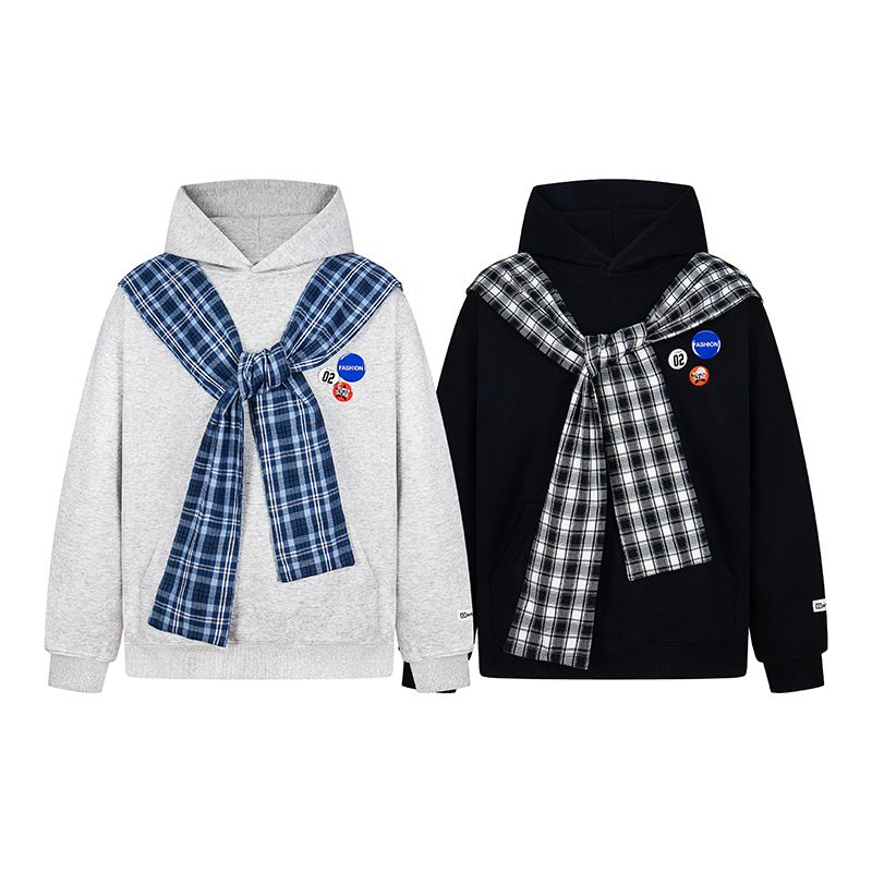 Felpa con cappuccio in due pezzi con stemma a scialle a quadri americani, unisex, stile college, ampia e alla moda, di marca_voghion.com