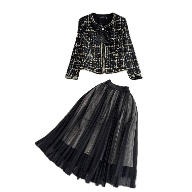 Damenbekleidung Rundhals Einreiher Tweedjacke Zweiteiler Hohe Taille A E Rock_voghion.com