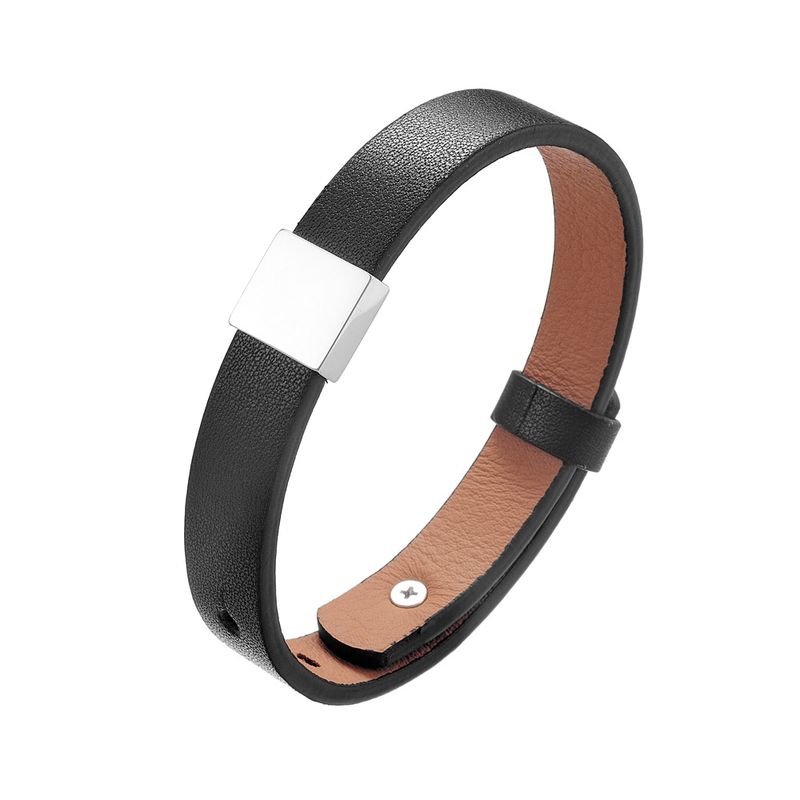 Unisex Genuine Simple Stainless Steel Smooth Surface Customizable Engraving Cowhide DIY Leather Bracelet_voghion.com
