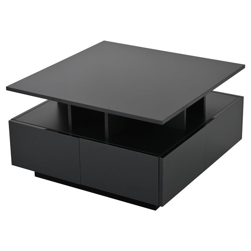 Table basse de salon noire brillante 70 x 70 x 40 cm avec éclairage LED, table d'appoint à 4 tiroirs, design géométrique, capacité de charge de 30 kg._voghion.com