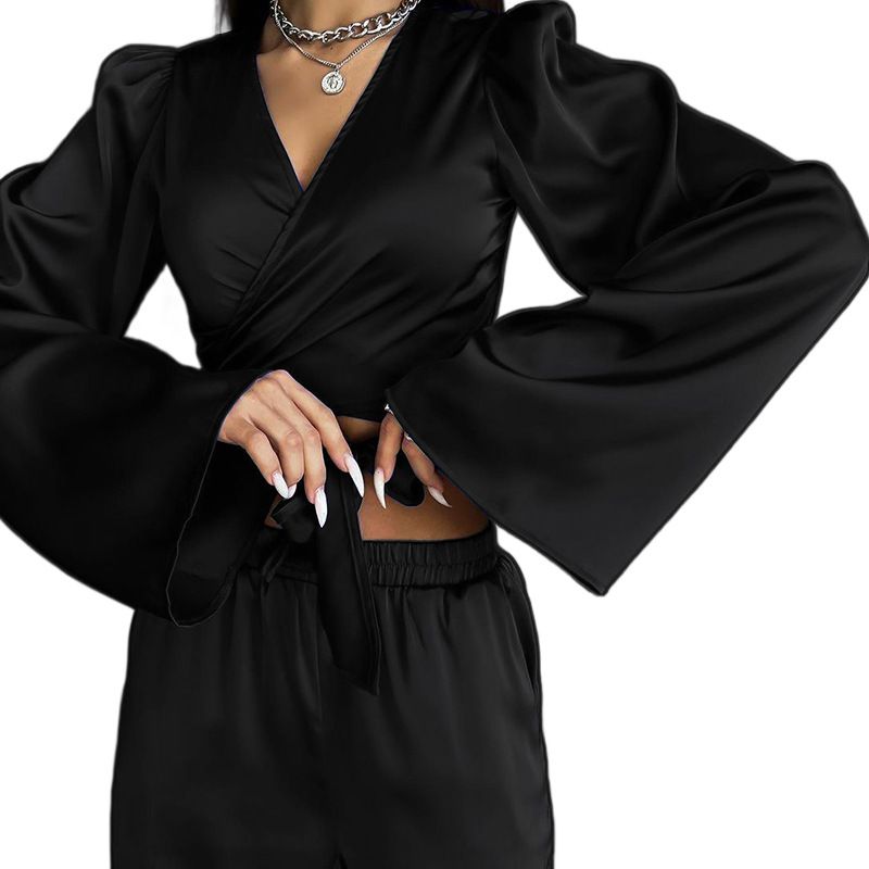 Autumn solid color long-sleeved tops straight trousers casual suit two-piece set_voghion.com