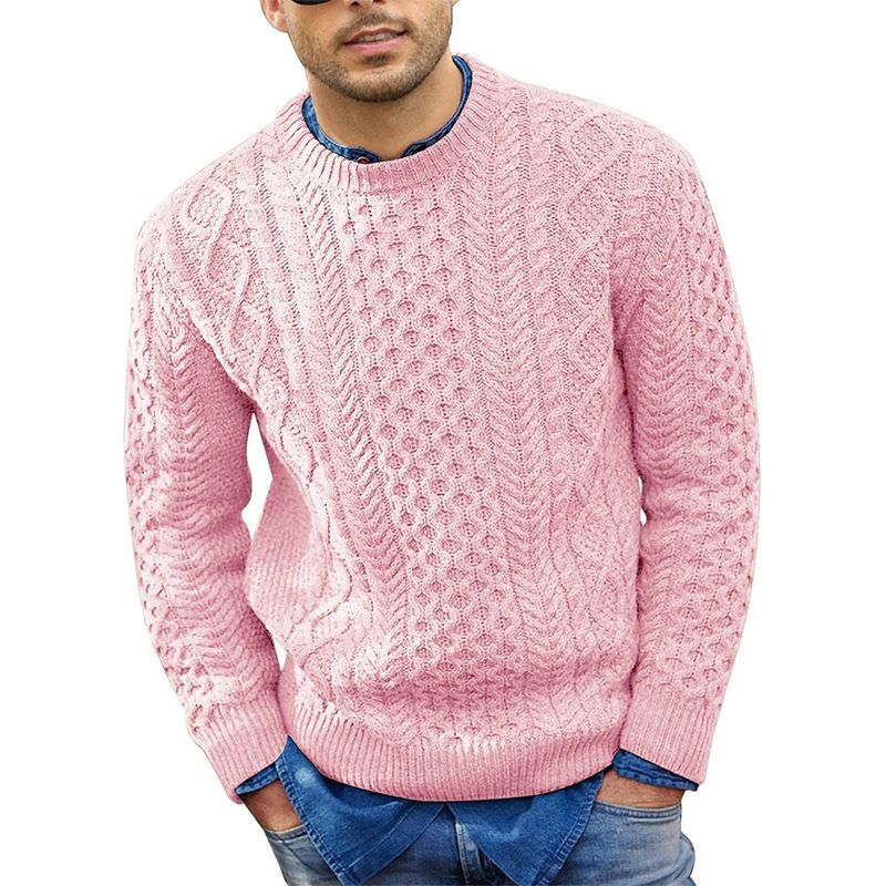 Maglione invernale da uomo in maglia a trecce rosa, vestibilità slim, caldo e casual, in acrilico_voghion.com