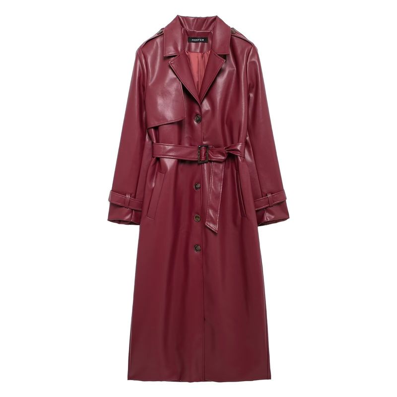 Trench lungo in pelle con cintura e colletto rovesciato, autunno 2024, nuovo abbigliamento da donna W085 195874_voghion.com