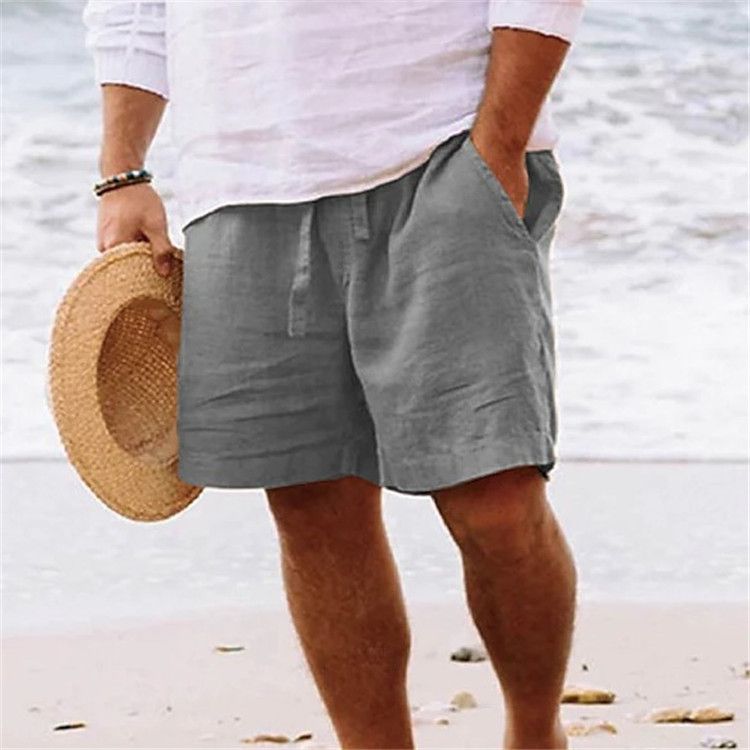 Pantaloncini da uomo, cotone e lino, coulisse estiva, vita elastica, gambe dritte, tinta unita, comodi, traspiranti,_voghion.com