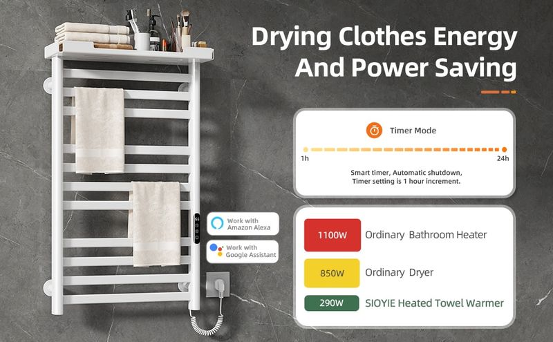 SIOYIE Heated Towel Rack With Shelf And Wi-Fi App Control, 11 Bars Electric Wall Mounted Towel Warmer With Timer & Adjustable Temperature, Low Carbon Steel, Plug-in/Hardwired, White_voghion.com