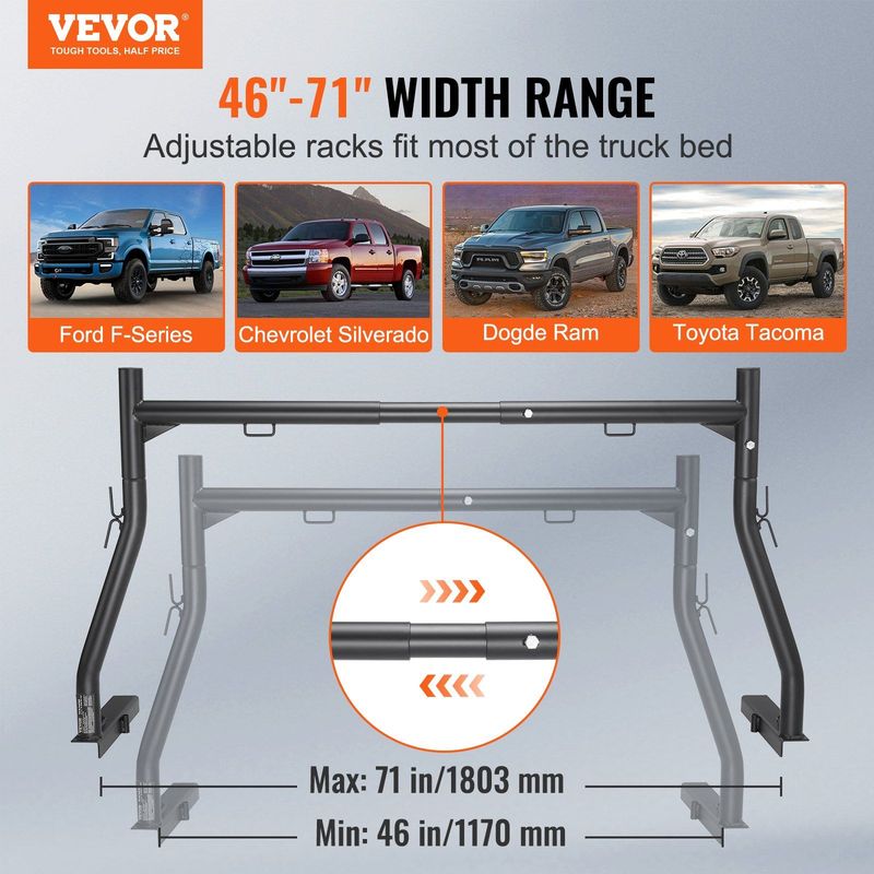VEVOR Truck Rack, 46-71inch Extendable Truck Ladder Rack, 800 Lbs Capacity Steel Ladder Rack For Truck With Non-Drilling J-bolts, Heavy Duty Truck Bed Rack For Kayak, Surfboard, Lumber, Ladder_voghion.com