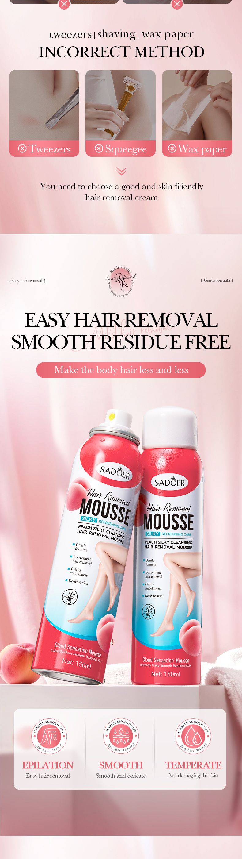 Mousse trasparente liscia e setosa alla pesca, in scatola di alluminio, da 150 ml, crema depilatoria, prodotto per la cura della pelle_voghion.com