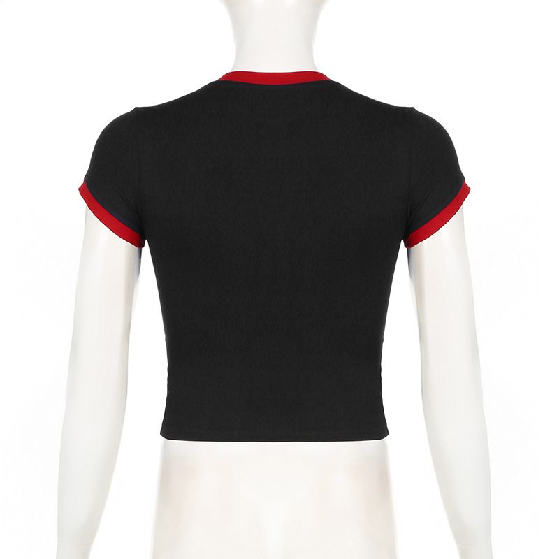 T-shirt da donna in stile retrò americano, vestibilità slim, girocollo, manica lunga, stampa a righe – Tessuto in maglia confortevole con design a blocchi di colore_voghion.com