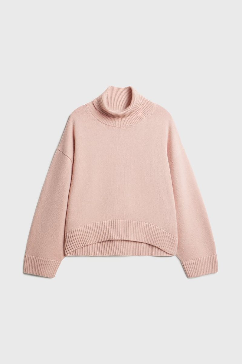 Gemütlicher, übergroßer Strickpullover mit hohem Halsausschnitt für Damen – weiche Viskosemischung, lässiger, lockerer Schnitt, kurzer Cropped-Stil (Pink, Zitronengelb, Kaffee)_voghion.com