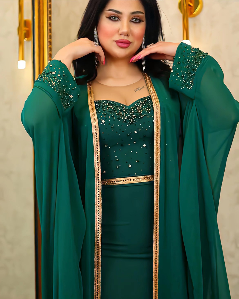 Women's Clothing Middle Eastern Muslim abaya women's light luxury dress suit mesh beading two piece dress robe_voghion.com