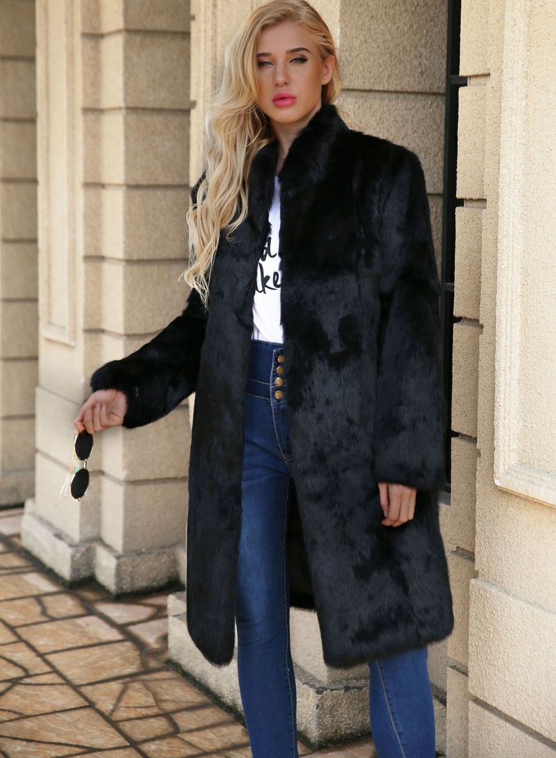 Abrigo largo de lujo de piel sintética de conejo para mujer, con cinturón ajustable, abrigo de invierno negro._voghion.com