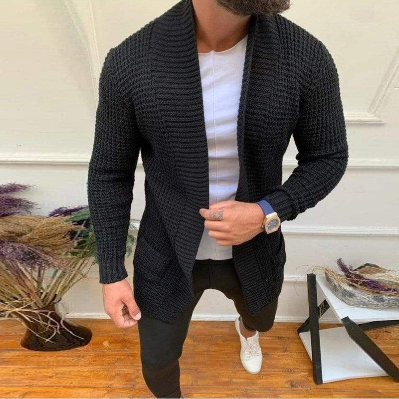Capispalla da uomo in maglione lavorato a maglia con risvolto a maniche lunghe casual da uomo alla moda_voghion.com