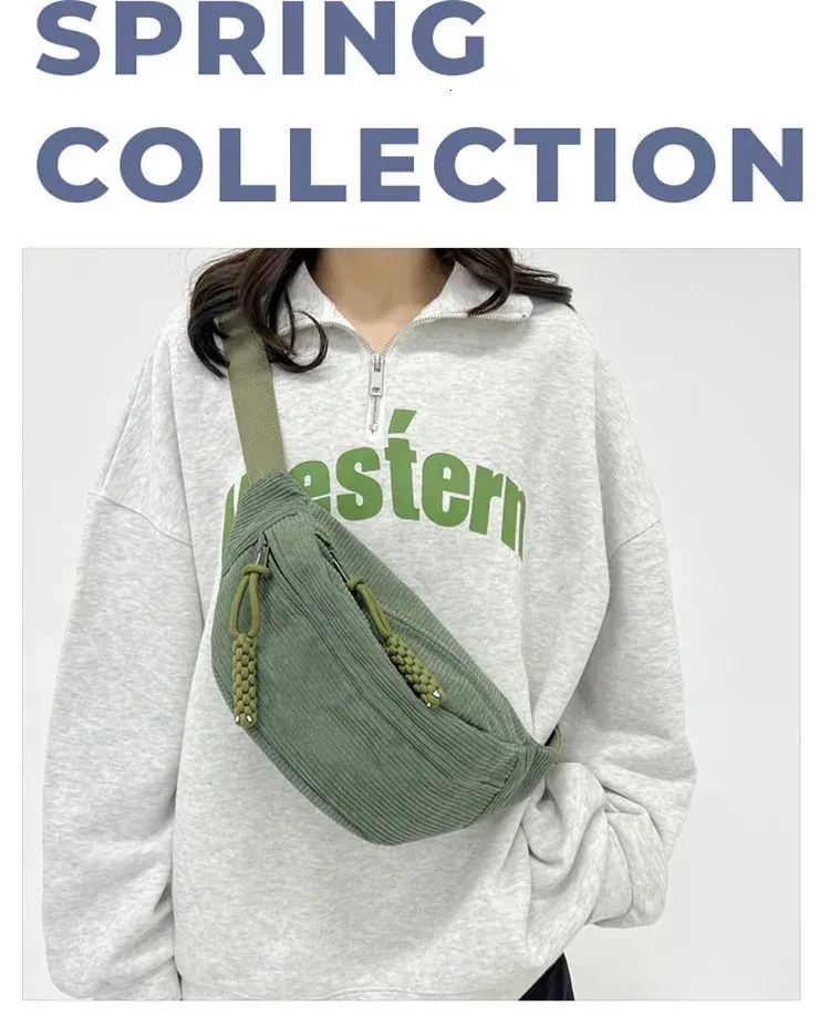 Marsupio da donna, grande capacità, in velluto a coste, stile street, borsa a tracolla, alla moda, cintura casual 250806_voghion.com