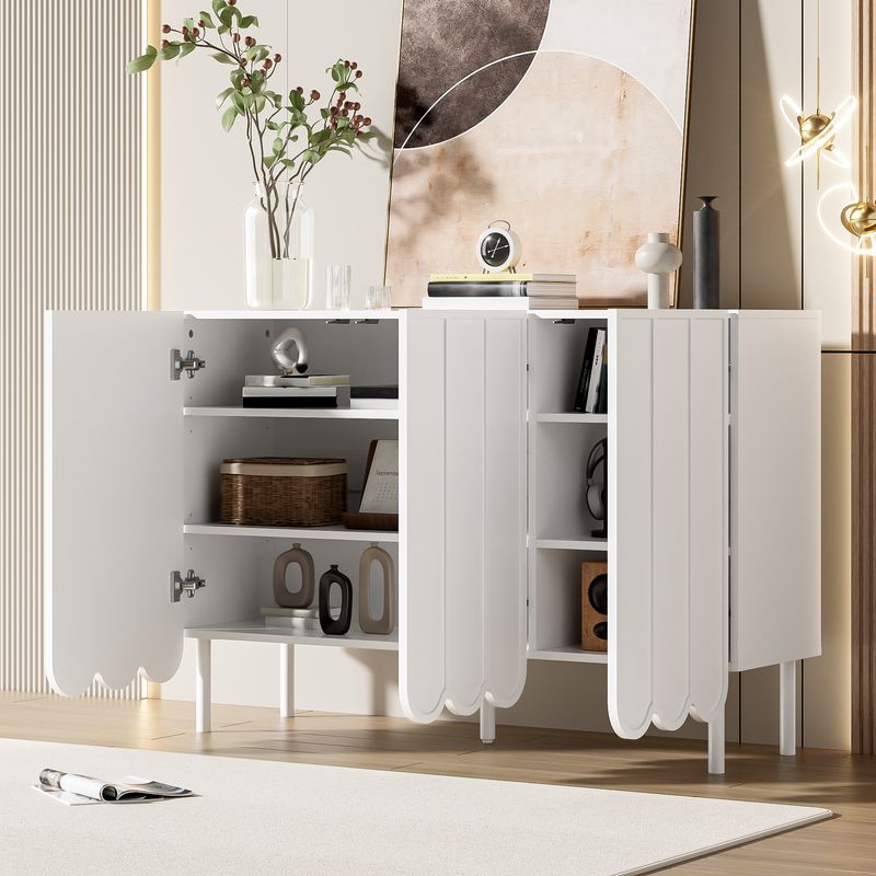 Buffet blanc moderne avec portes ondulées, 120 x 35 x 80 cm, design sans poignées, étagères réglables, meuble de rangement pour salon, couloir et salle à manger._voghion.com