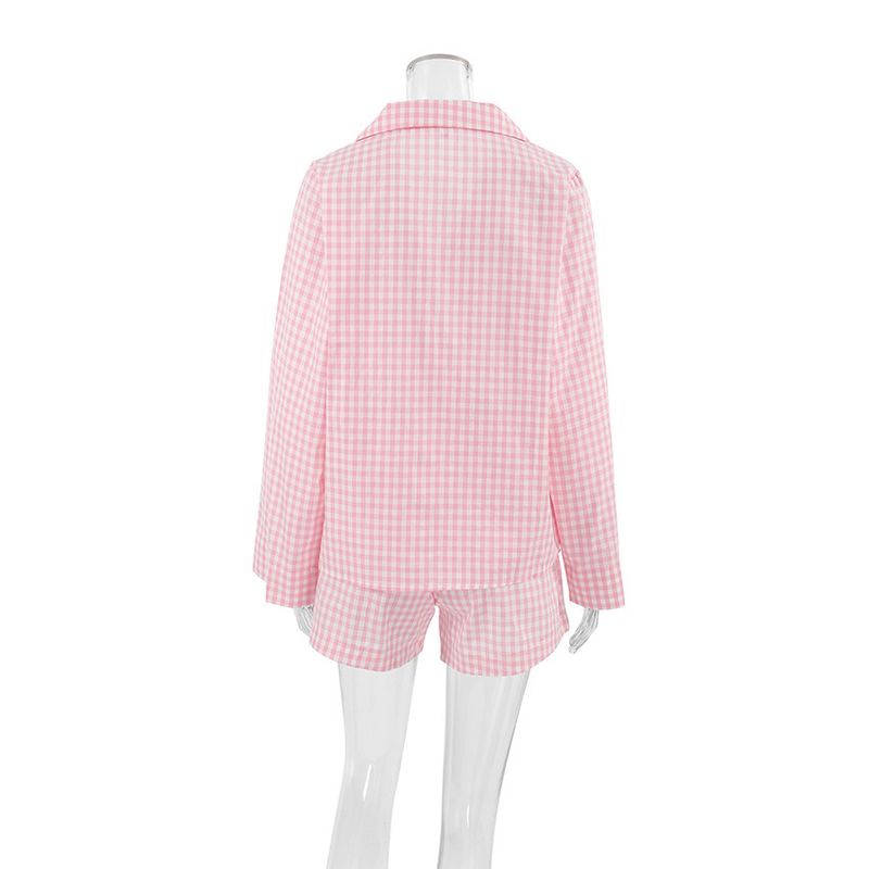 Pyjama cardigan décontracté élégant à motif damier ample grande taille pour le printemps et l'automne, ensemble deux pièces pour la maison_voghion.com