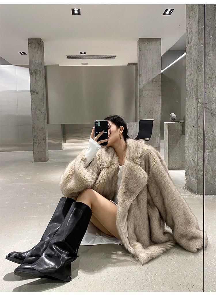 Women's Clothing Luxury Faux Fox Fur Coat Women's Longline Casual Oversized Lapel Plush Jacket - Coffee Tip / White With Yellow Tip_voghion.com