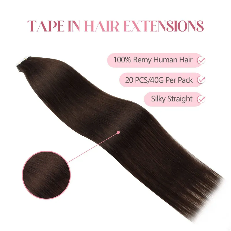 Dunkelbraunes Tape In Echthaar-Extensions, Echthaar, nahtlos, unsichtbar, Skin Weft, selbstklebendes Haar, 20 Stück_voghion.com