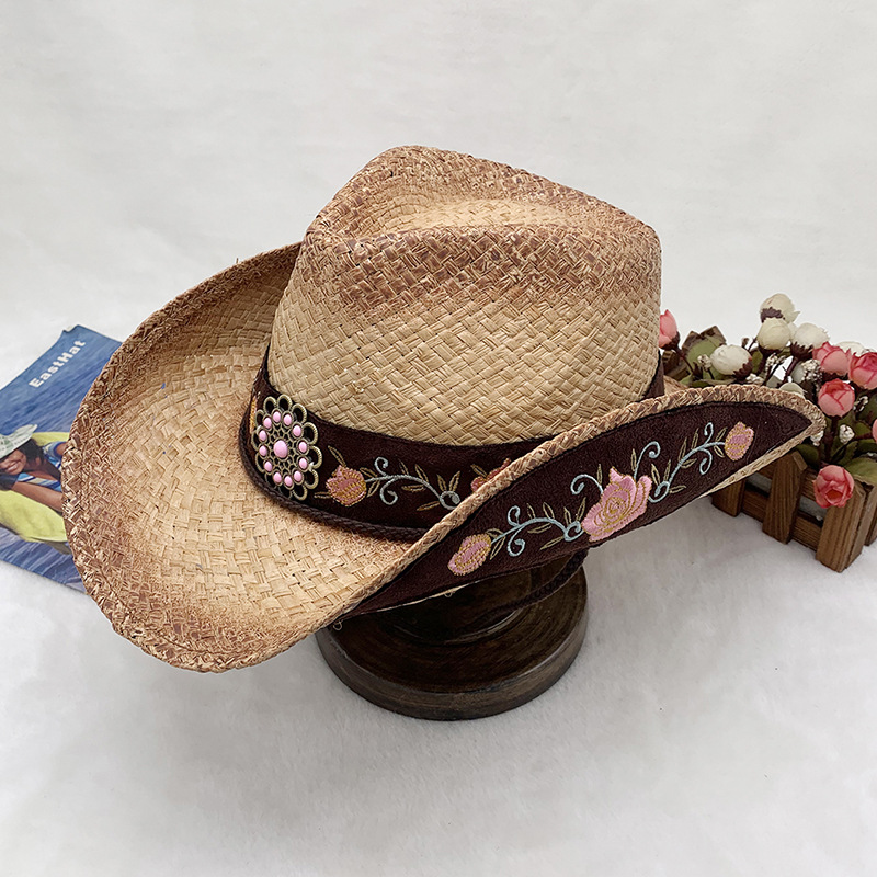 Handgewebter Cowboyhut aus Raffiagras mit Sonnenschutz und gerolltem Rand, bestickter Strohhut_voghion.com