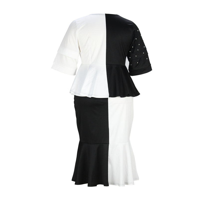 black and white contrasting color stitching beaded top fishtail skirt plus size suit_voghion.com