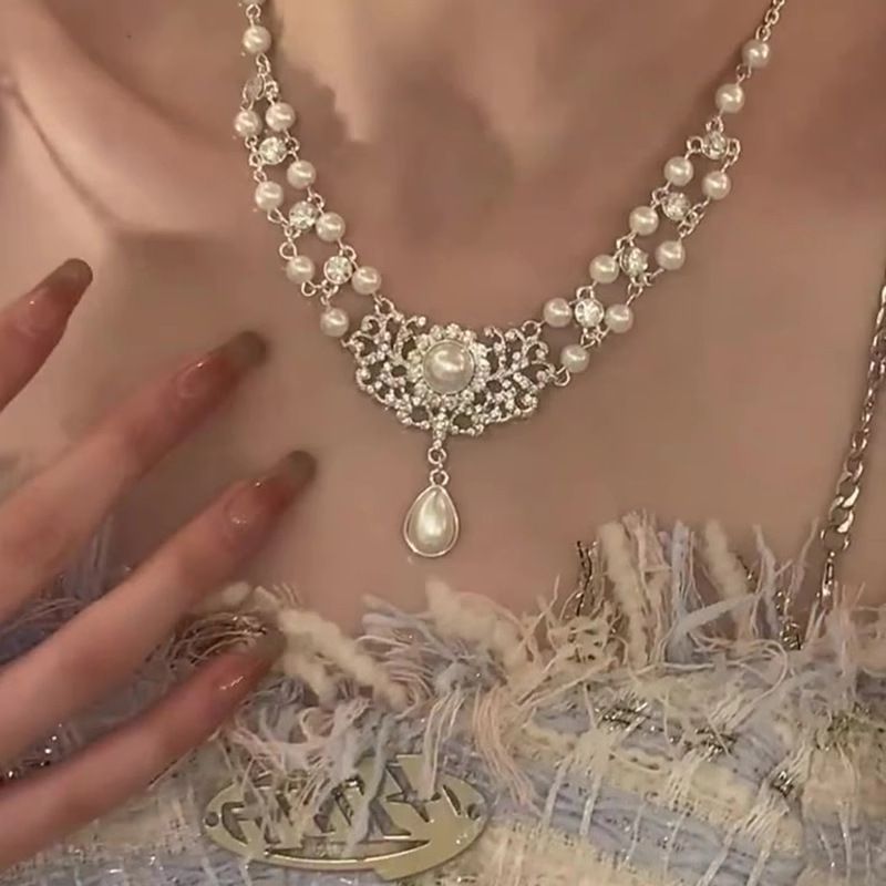 Women's French Water Drop Pearl Choker - Princess Court Style Collarbone Necklace With Inlaid Zircon, Ideal For Bride Wedding & Evening Dress_voghion.com