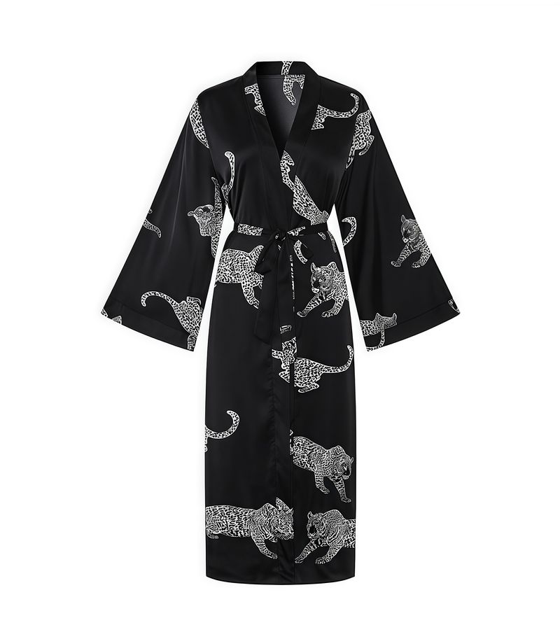 French Sexy Light Satin High-End Comfortable Bathrobe Long Sleeve Tie Women's Home Leopard_voghion.com
