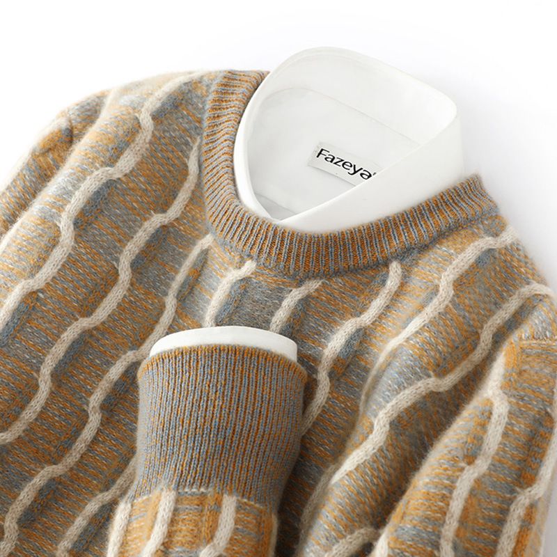 New thickened pure men's autumn and winter round neck contrasting color pullover loose casual wool knitted base sweater_voghion.com