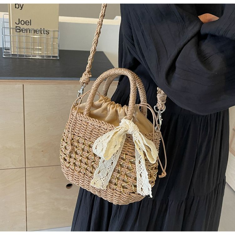 Straw Bag Woven Bag Mori Straw Bag Female Crossbody Beach Holiday Beach Bag Portable Bucket Bag_voghion.com