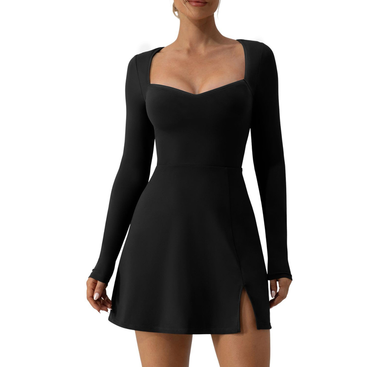 Abito da donna a trapezio in maglia a maniche lunghe con spacco_voghion.com