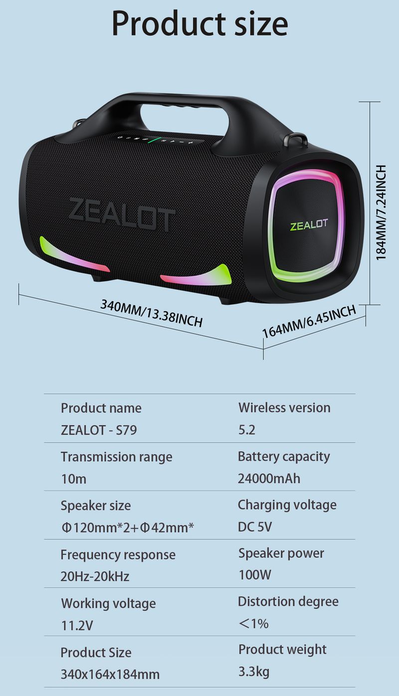 Altoparlante wireless S79 da 100 W, altoparlante subwoofer portatile per esterni, qualità audio Hi-Fi, doppio accoppiamento, ricarica rapida, 24000 mAh._voghion.com