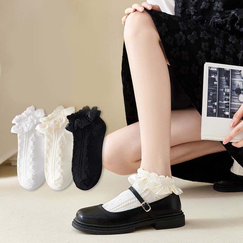 Calzini corti estivi JK per bambini, carini, con pizzo a fungo, sottili e alla moda, con fiocco e altezza interna_voghion.com